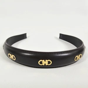 Salvatore Ferragamo Damen dunkel braun Leder Gancini Emblem goldfarben Stirnband - Bild 1 von 15