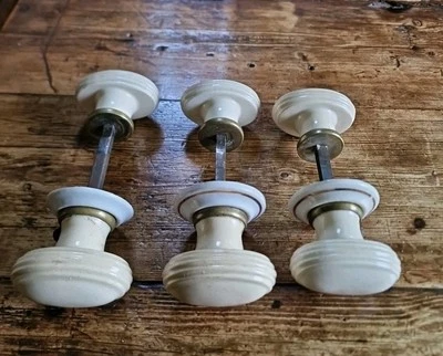 Pair of Antique Victorian Oval Cream Ceramic Fluted Door Knobs 1 of 3 Available - Image 1 of 4