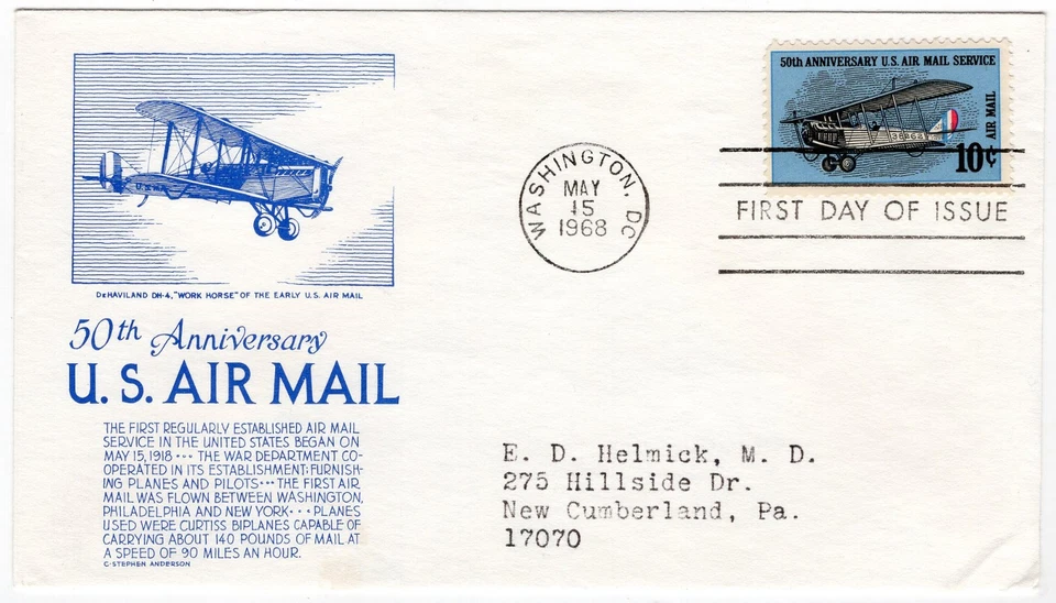 1968 FDC C74 U.S. Air Mail Service 50th Anniversary, C. S. Anderson blue cachet - Image 1 of 1
