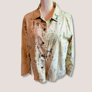 CHICO'S sz 1 (US 8) Tribal Cave Drawing Jacket Metal Buttons  Shirt T22 - Imagen 1 de 5