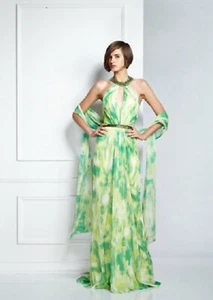 Neu ohne Etikett Pamella Roland verziertes Neckholder Seidenkleid bunt grün Größe 8 - Bild 1 von 12