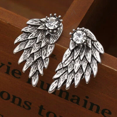 925 Sterling Silver Eagle Hawk Falcon Feathers Angel Wings White Topaz Earrings  - Image 1 of 4