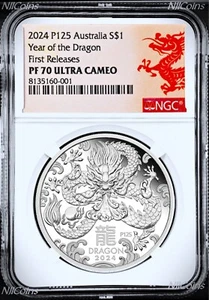 2024 Australia PROOF Silver Lunar Year of the DRAGON NGC PF70 1oz $1 Coin FR - Picture 1 of 2