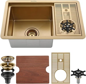 AguaStella Brushed Gold Bar Sink Stainless Steel Undermount with Glass Riser - Picture 1 of 6