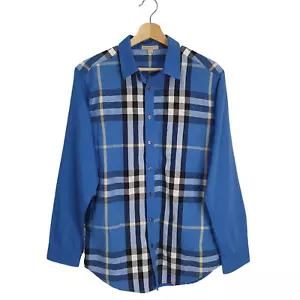 Burberry Brit Mens M Blue Nova Check Linen Cotton Long Sleeve Collared Shirt - Picture 1 of 15