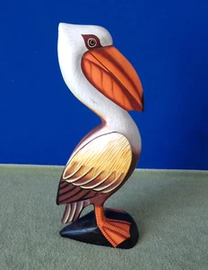 Carved Wood and Nicely Painted Brown and White 11.5" Tall Pelican Figure Statue - Picture 1 of 5