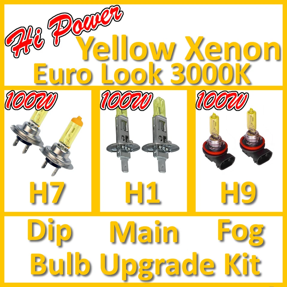 100W Hi Power 3000K Yellow Xenon Headlight Bulb Set Main Dip Fog H7 H1 H9 Kit - Image 1 of 1