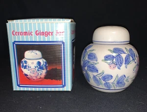 Vintage Simon Ginger Jar New In Box Ceramic 4 Inches Blue Leaves Pink Flowers - Picture 1 of 8