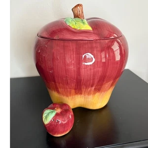 Tarro de galletas de manzana de cerámica vintage con tapa y pequeño acento de manzana para cocina - Imagen 1 de 11