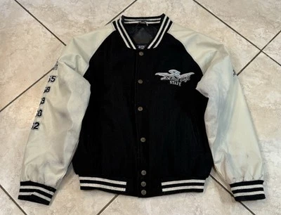 Steve Barrys Jacket M Black Hot Rod Cafe Letterman Varsity Faux Leather *FLAWS - Image 1 of 4