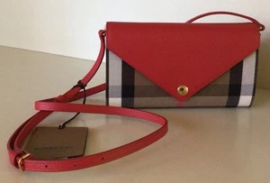 BURBERRY ~ Hannah ~ Red Leather & Burberry Canvas Plaid 8” Handbag ~ UNUSED !!! - Picture 1 of 8