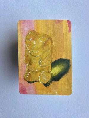 Aceo Original Gouache and Acrylic - Yellow Gummy Bear mini art card painting - Image 1 of 3