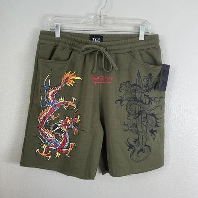 Ed Hardy Shorts Mens Large Olive Dragon Graphic Fleece Sweat Shorts EHM8000-23R Foto 1 de 4