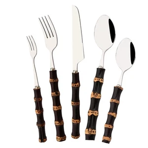 Modernes 4/5-teiliges Besteckset mit schwarzem Bambusgriff und Edelstahl-Design - Afbeelding 1 van 17