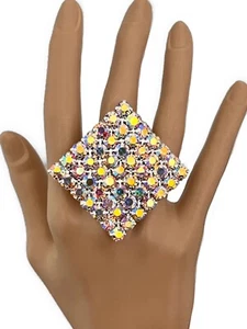 2.25" Drop Aurora Borealis Crystals Oversized Statement Ring Stage  Drag Queen - Picture 1 of 3