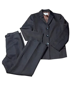 Le Suit Brown Pinstripe Women’s 8P Polyester 2 Piece Blazer Pants Suit Set - Picture 1 of 11