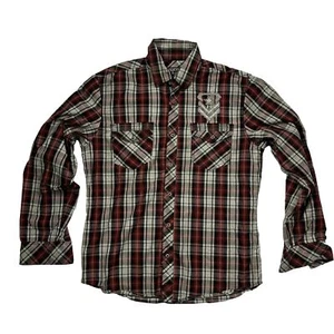 Affliction Mens Sz Large Red Plaid Black Premium Embroidered Spellout Stitched - Picture 1 of 18
