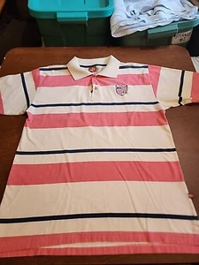 Matteus MS '03 Surf Men's MEDIUM S/S Pink/blue Striped Crest Logo Polo EUC. GB24 - Picture 1 of 9