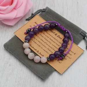 AMETHYST & ROSE QUARTZ Bracelet Handmade Crystal Healing Gemstone Adjustable 8mm - Picture 1 of 11