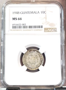 1948 GUATEMALA SILVER 10 CENTAVOS QUETZAL BIRD NGC MS 66 RARE HIGH GRADE GEM - Picture 1 of 3