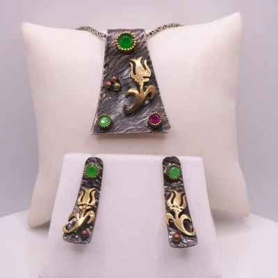 Sterling Silver 925 Pink Topaz Emerald Handmade Vtg Flower Necklace Earring Set  - Image 1 of 4