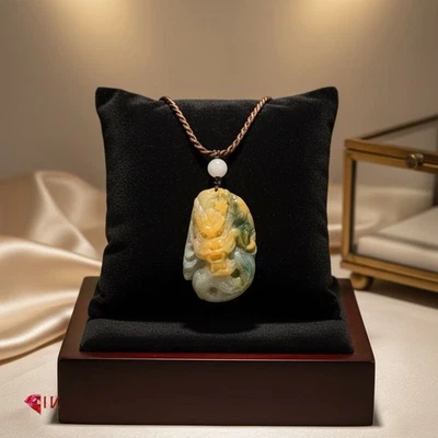 Certified Natural Burmese Jadeite Jade Dragon Craved unique YellowJade Necklace Foto 1 de 4