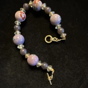 VTG Glass Purple Lavender Floral Lampwork Beaded Toggle Bracelet 7.5” (Lot# 328) - Picture 1 of 5