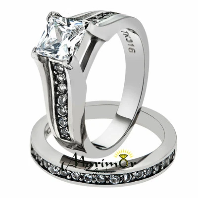 Juego de alianzas de boda de acero inoxidable con circonitas corte princesa 316 para mujer talla 5-11 Foto 1 de 4