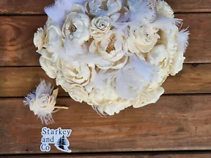 Wedding Bouquet accented with brooches and feathers w/ a matching Boutonniere - Picture 1 of 6