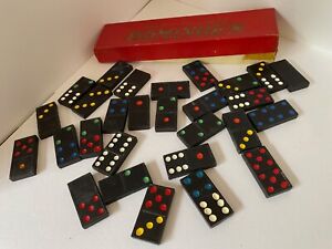 vintage box of wooden coloured dominoes - full set