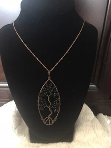 Black Tourmaline Tree of Life Reiki Chakra Healing Chips Copper Oval Pendant - Picture 1 of 4