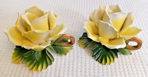 Vintage Pair Ancora, Italy Capidimonte Porcelain Yellow Rose Candle Holders 3 in - Picture 1 of 9