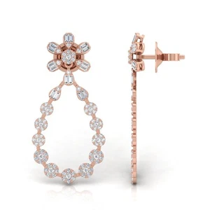 2.00 Ct Baguette Round Pave Lab Grown CVD Diamond Dangle Earrings 14k Rose Gold - Picture 1 of 6