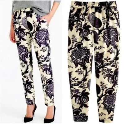 NUEVO SIN ETIQUETAS COLECCIÓN J.CREW Talla 10 Negro Estampado Floral 100% Seda Pantalones B1457 $298 Foto 1 de 4