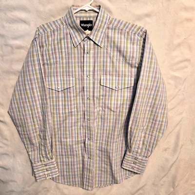 Camisa Wrangler Western Para Hombre Talla Mediana Blanca Púrpura Azul Verde Cuadros A Presión Foto 1 de 4