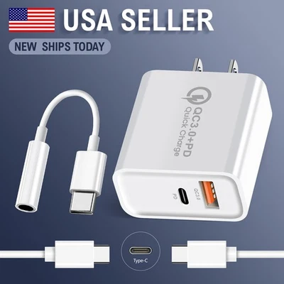 US White Wall Charger TypeC Cable USB-C to 3.5mm Aux Jack Adapter Earphone Cable - Image 1 of 4