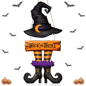 BBTO Halloween Door Sign Witch Wreath Decorations Trick or Treat Wooden Hangi... - Bild 1 von 6
