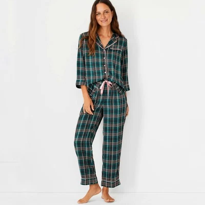 Ann Taylor Sleep ~ Conjunto de pijama satinado a cuadros verde y rosa talla grande Foto 1 de 4
