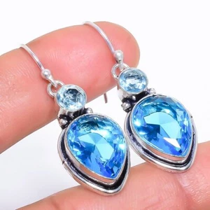 Blue Topaz Gemstone 925 Sterling Silver Earring 1.7" E863 - Picture 1 of 7