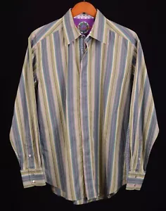 Robert Graham Green & Purple Multi Striped Silk Embroidered Button Up Shirt L - Picture 1 of 11