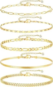 14k Gold Plated Waterproof Chain Anklets Set, Layered Bracelets Women Adjustable - Picture 1 of 5