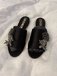 ROCHAS FABULOUS CRYSTAL EMBELLISHED BLACK SATIN SLIP ON SLIDES SANDALS 7.5 - Picture 1 of 9