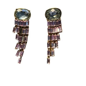Fancy Rhinestone Dangle Pierced Earrings Light Blue Pink Rhinestones 2" - Picture 1 of 3