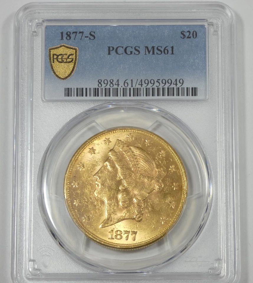 Cabeza Liberty 1877-S Oro $20 Doble Águila CERTIFICADA GRADUACIÓN PROFESIONAL MS 61 Foto 1 de 4