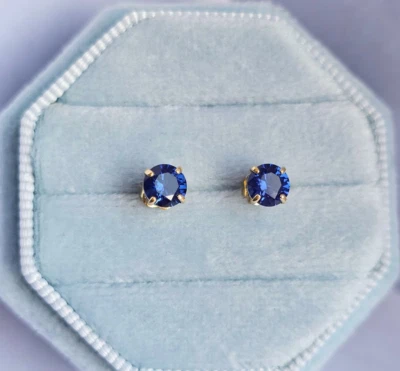 Genuine Blue Sapphire Stud Earrings Gold Filling Studs Birthstone Sapphire Studs - Image 1 of 3