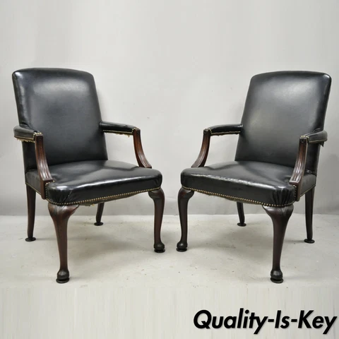 Antique English Georgian Style Dark Green Leather Library Office Chairs - a Pair Cover