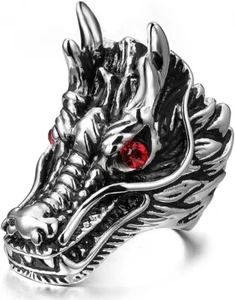 Men's Gothic Stainless Steel Ring Silver Black Red Eye Tap Biker Ring Size 7-13 - Picture 1 of 6