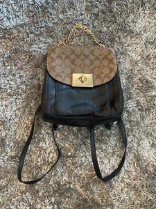 Coach Cassidy Backpack Black Signature Logo Chain Leather Outdoor Casual - Picture 1 of 13