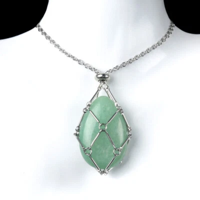 Metal Joint Woven Net Natural Aventurine Teardrop Pendant Adjustable Necklace - Image 1 of 4
