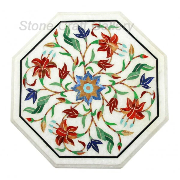 18" Marble Corner Table Top Semi Precious Stones Handmade Inlay Art Work - Image 1 of 1